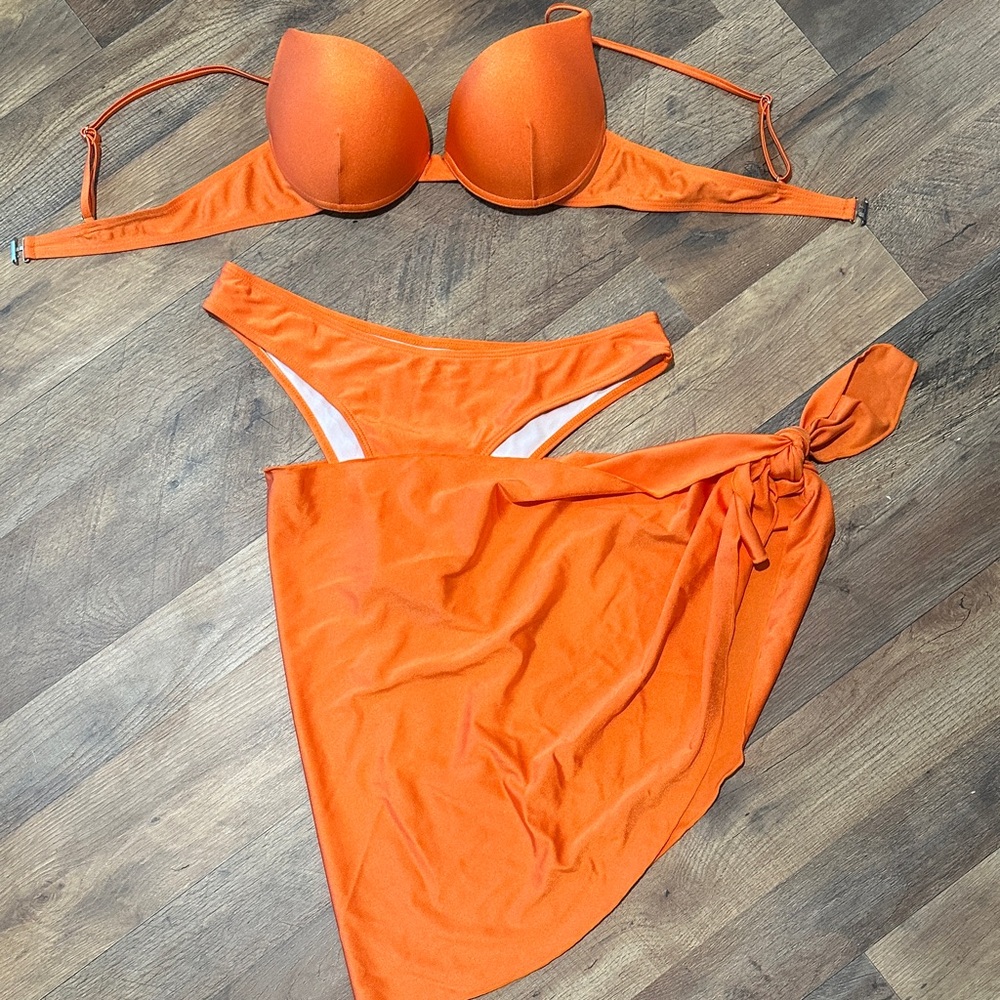 Vibrant Orange Bikini Set with Wrap Skirt